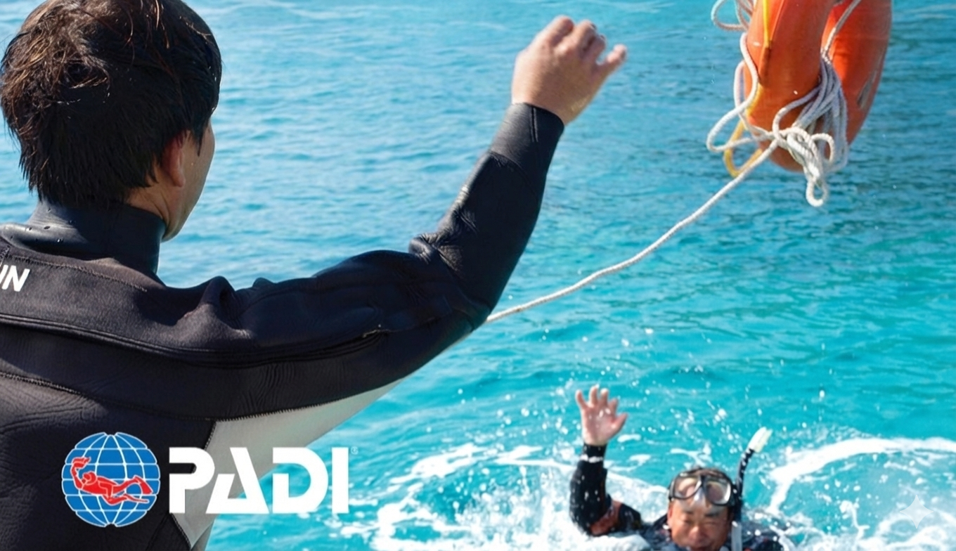 Diver on surface asking for help during a PADI rescue course